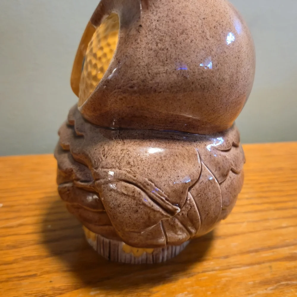 Vintage MCM Ceramic Owl Figurine Two Piece Nesting Speckled Earthy 9.5" Signed - Picture 4 of 16